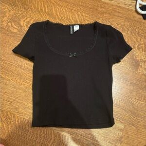 Divided Black Short Sleeve Tee Lace Trim Black Bow